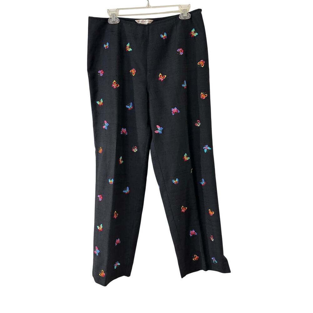 Peter Martino Silk Pants Womens Size 12 Black Embroidered Butterfly Fun Standout